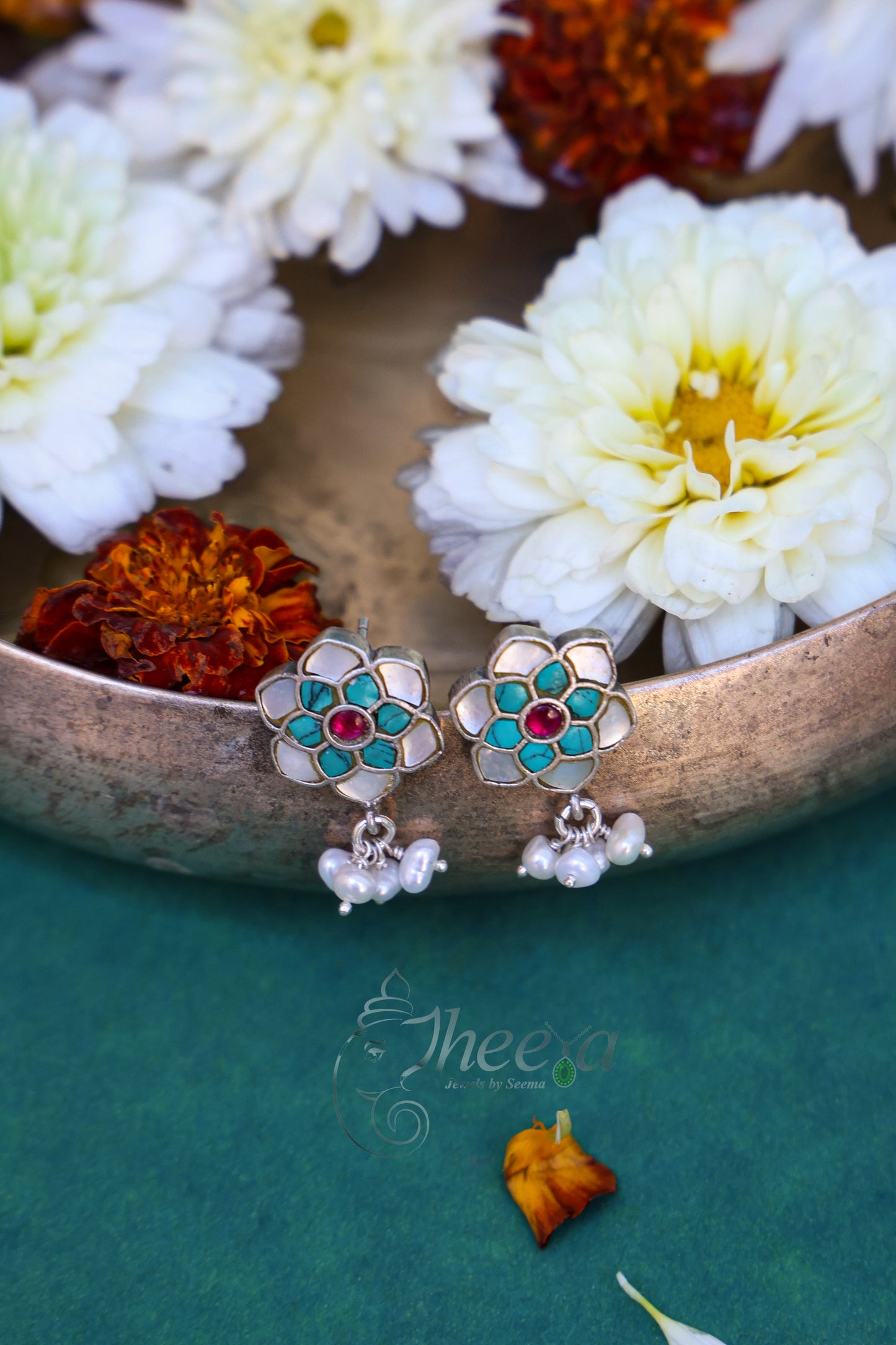 MOP with turquoise kundan earrings