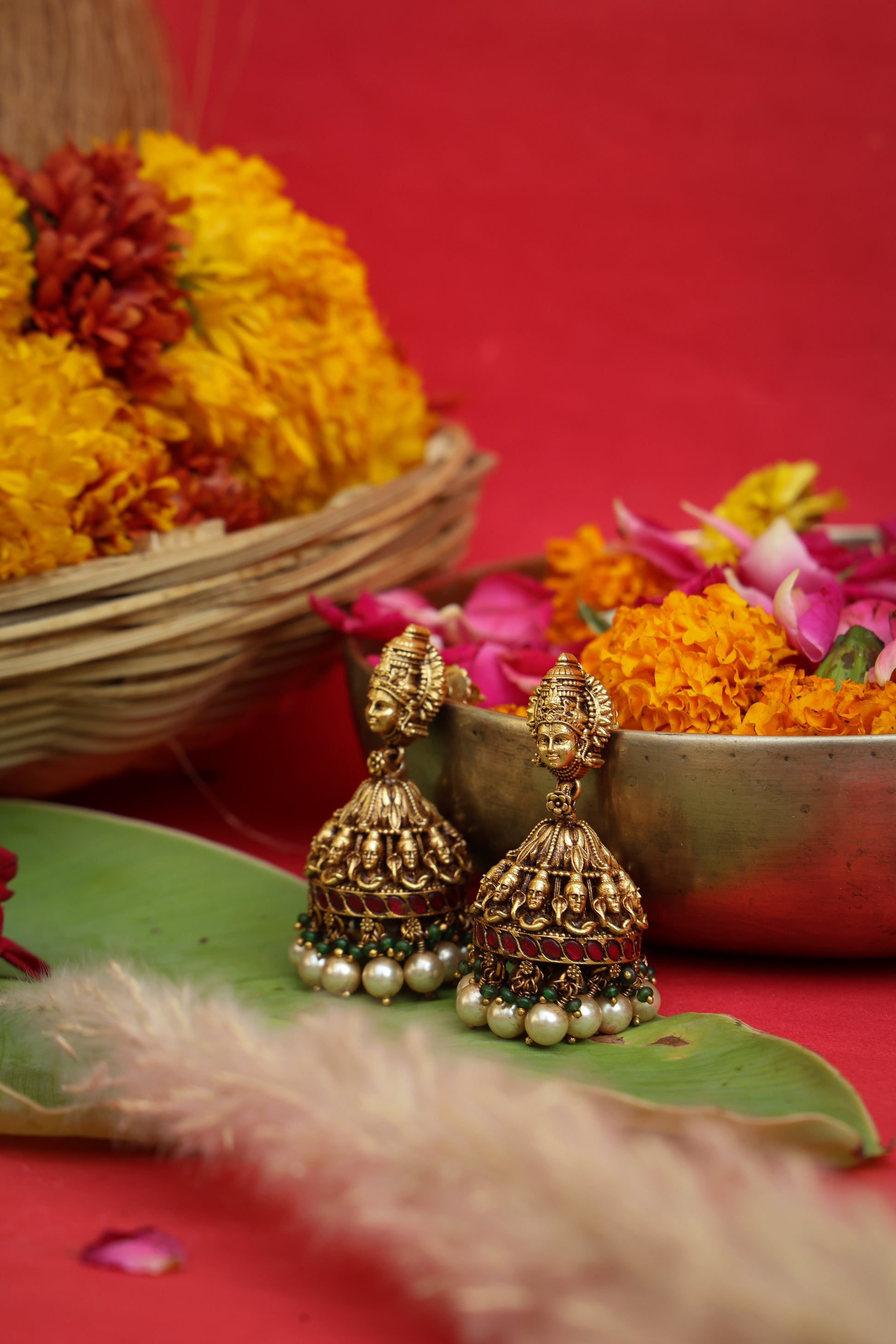 Close-up detailing of Shivanjali Antique Nakshi Jhumkas highlighting Nakshi, Antique craftsmanship.