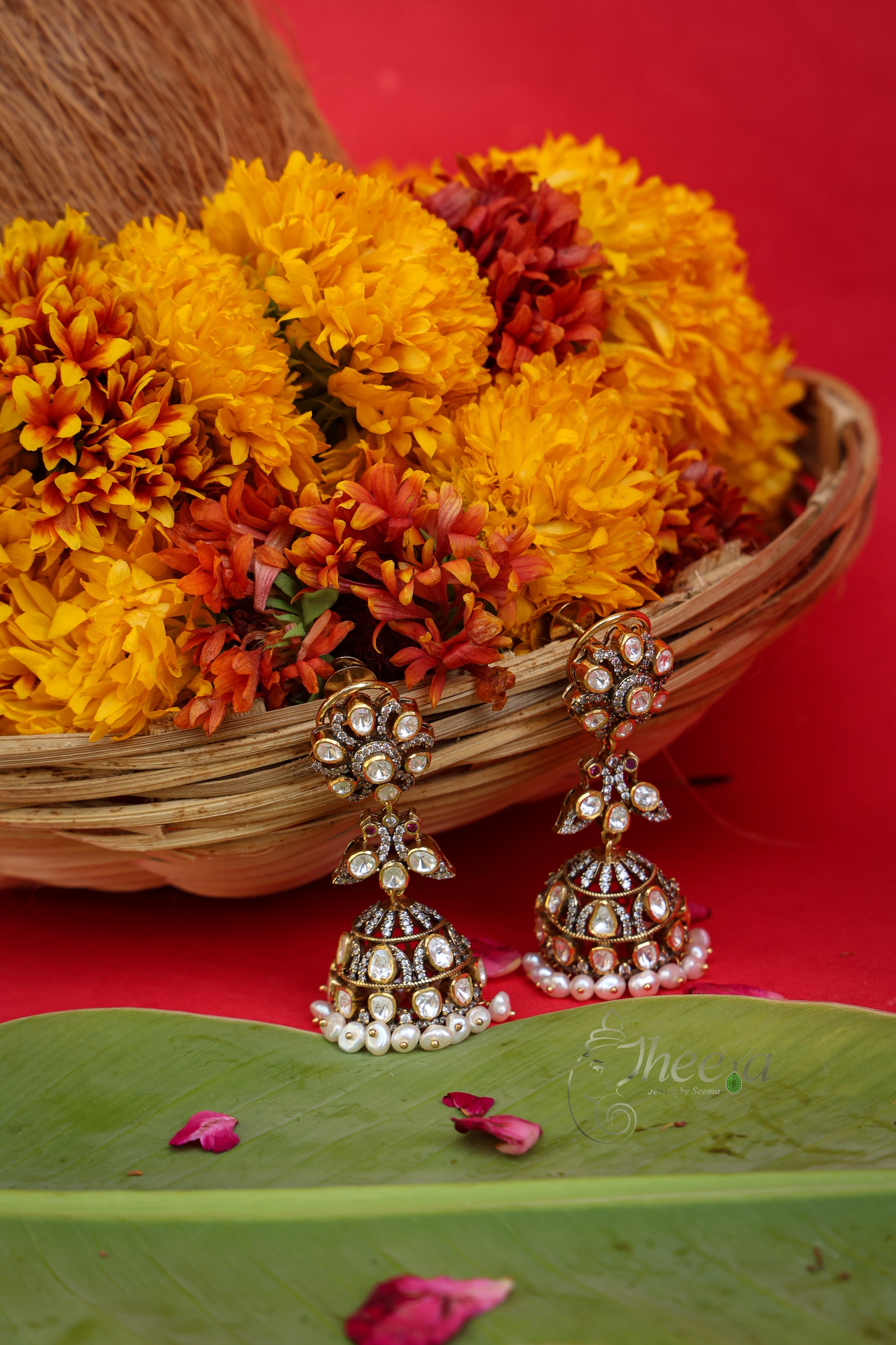 Noor Jhumka White Moissanite in Pure Silver, front view