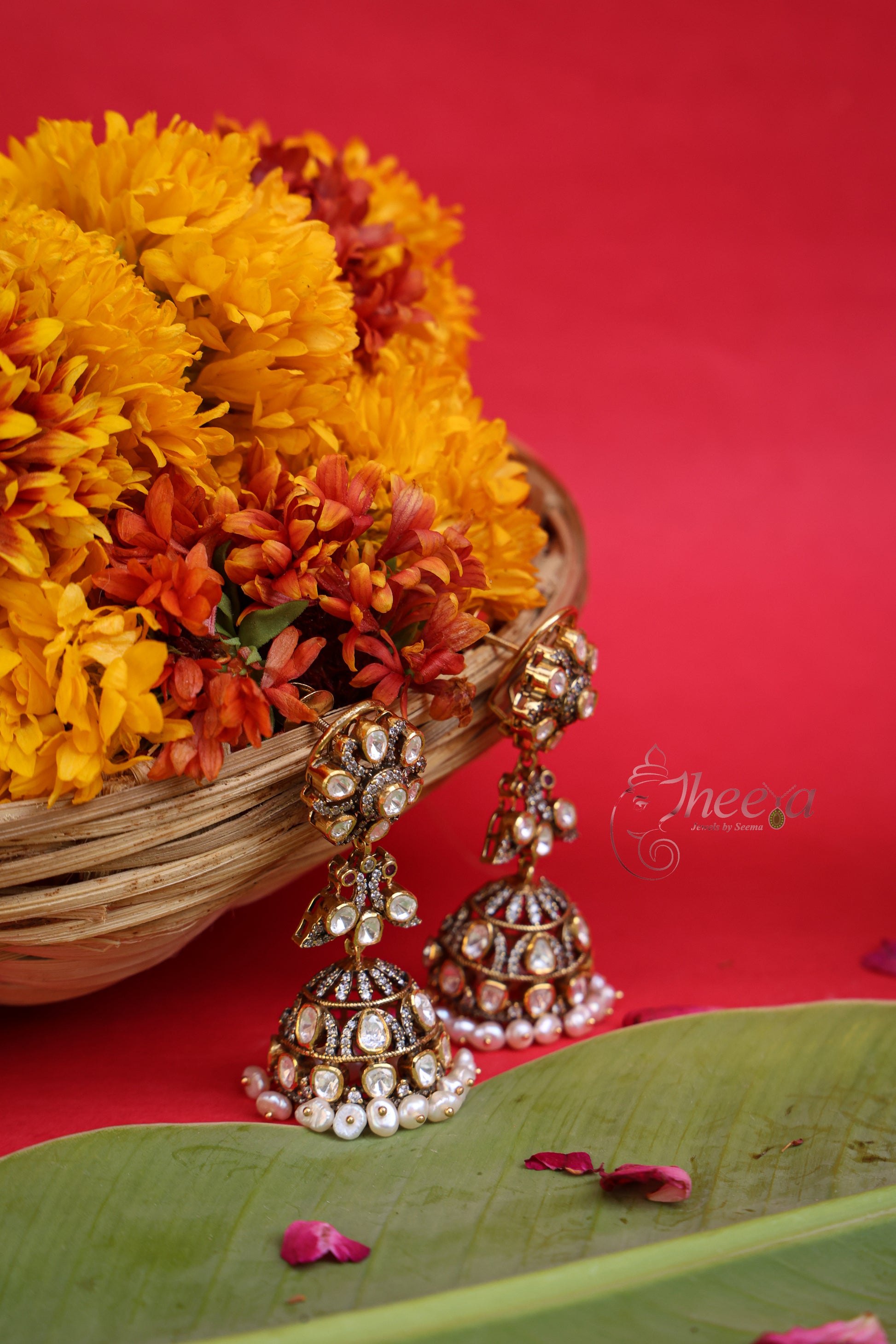 Noor Jhumka White Moissanite worn by a model showcasing scale and Earrings design.