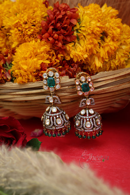 Close-up detailing of Zeenat Chand Green Square Jhumka highlighting Moissanite craftsmanship.