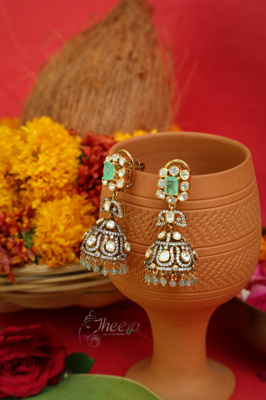 Afsana Spark Mint Square Jhumka in Pure Silver with green accents, front view.