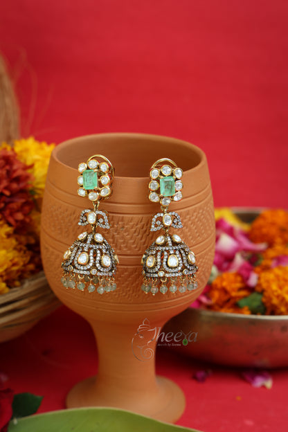 Close-up detailing of Afsana Spark Mint Square Jhumka highlighting Moissanite craftsmanship.
