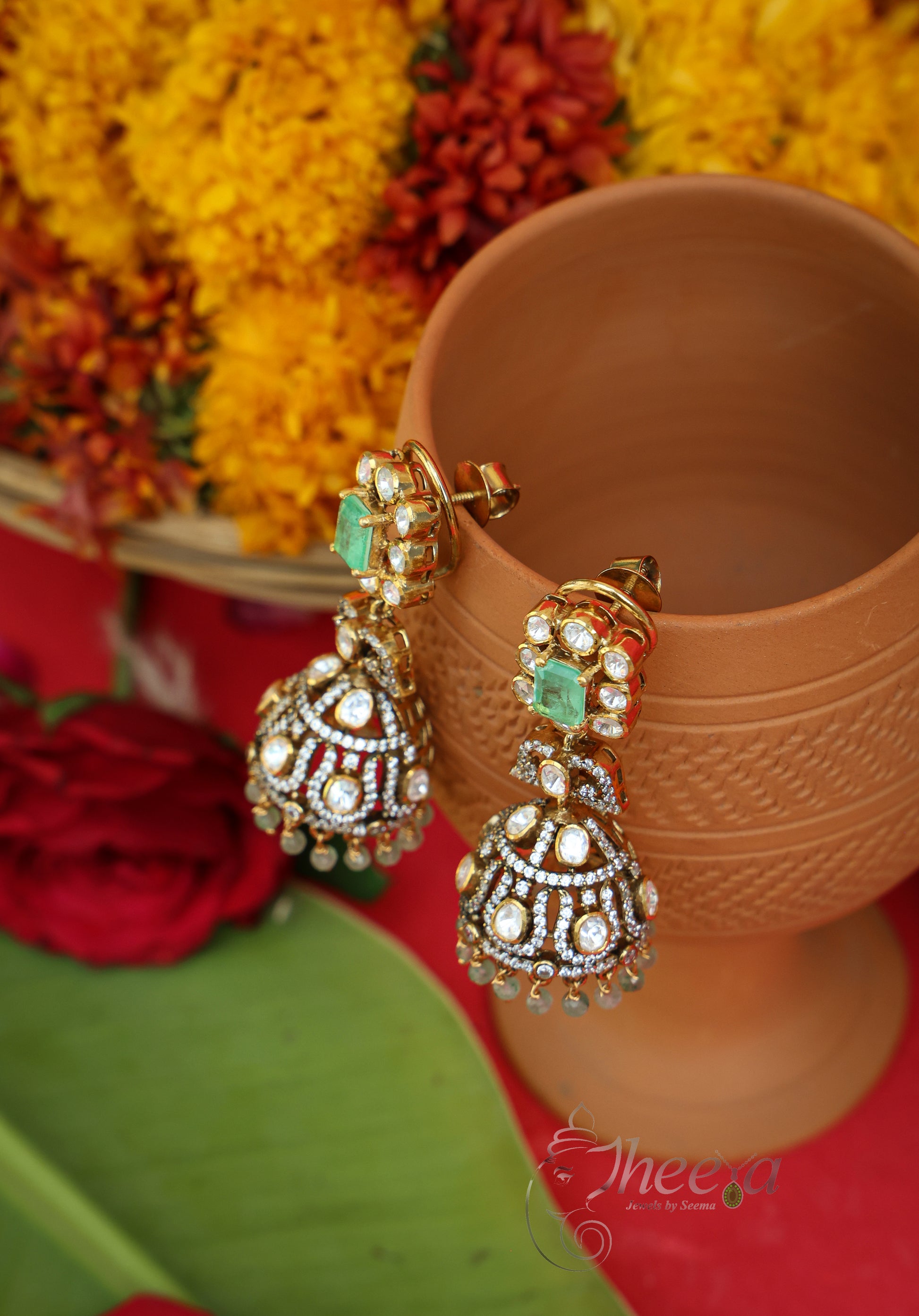 Afsana Spark Mint Square Jhumka worn by a model showcasing scale and Earrings design.