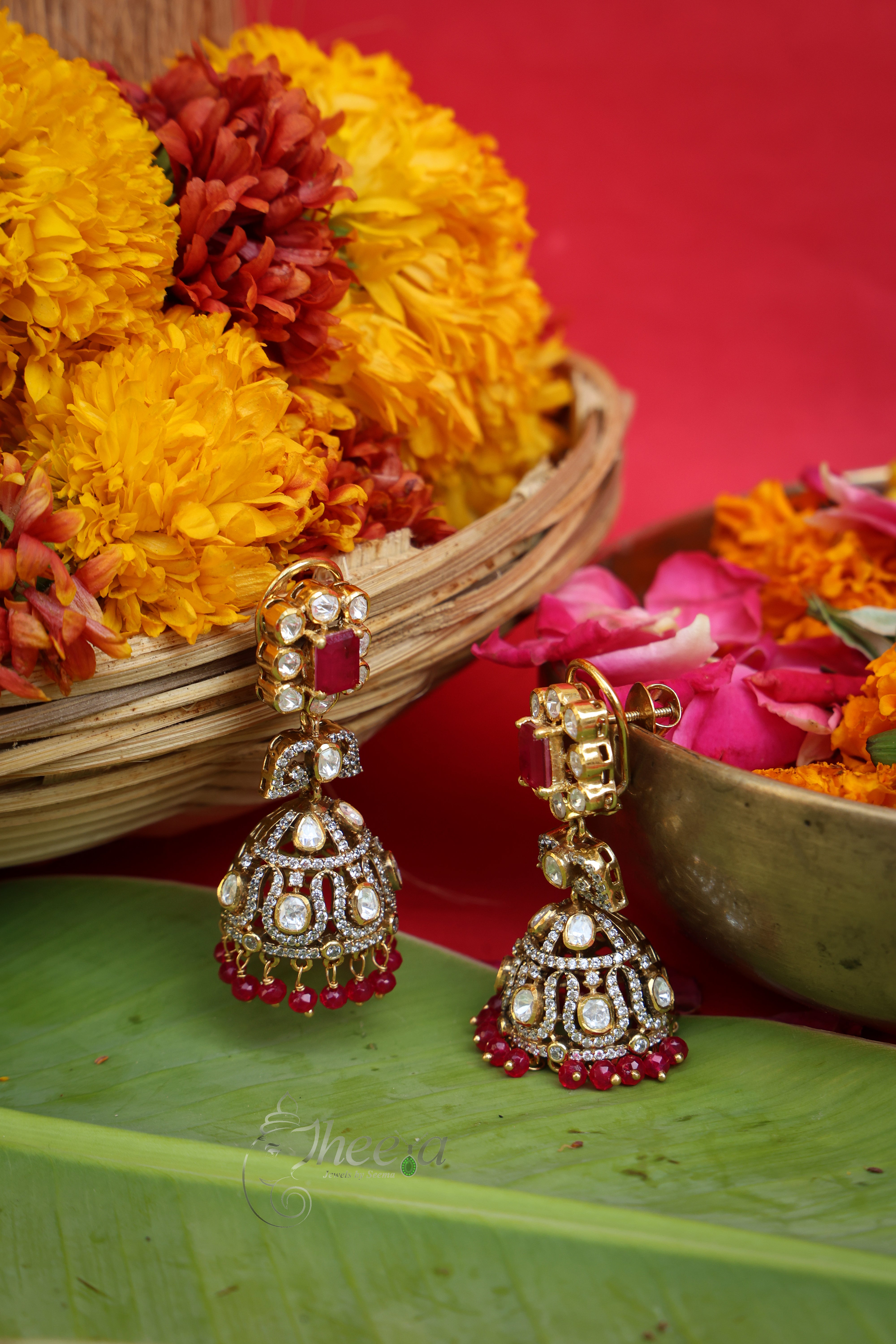 Begum Jhumkas Red Square Design in Pure Silver with ruby red accents, front view.