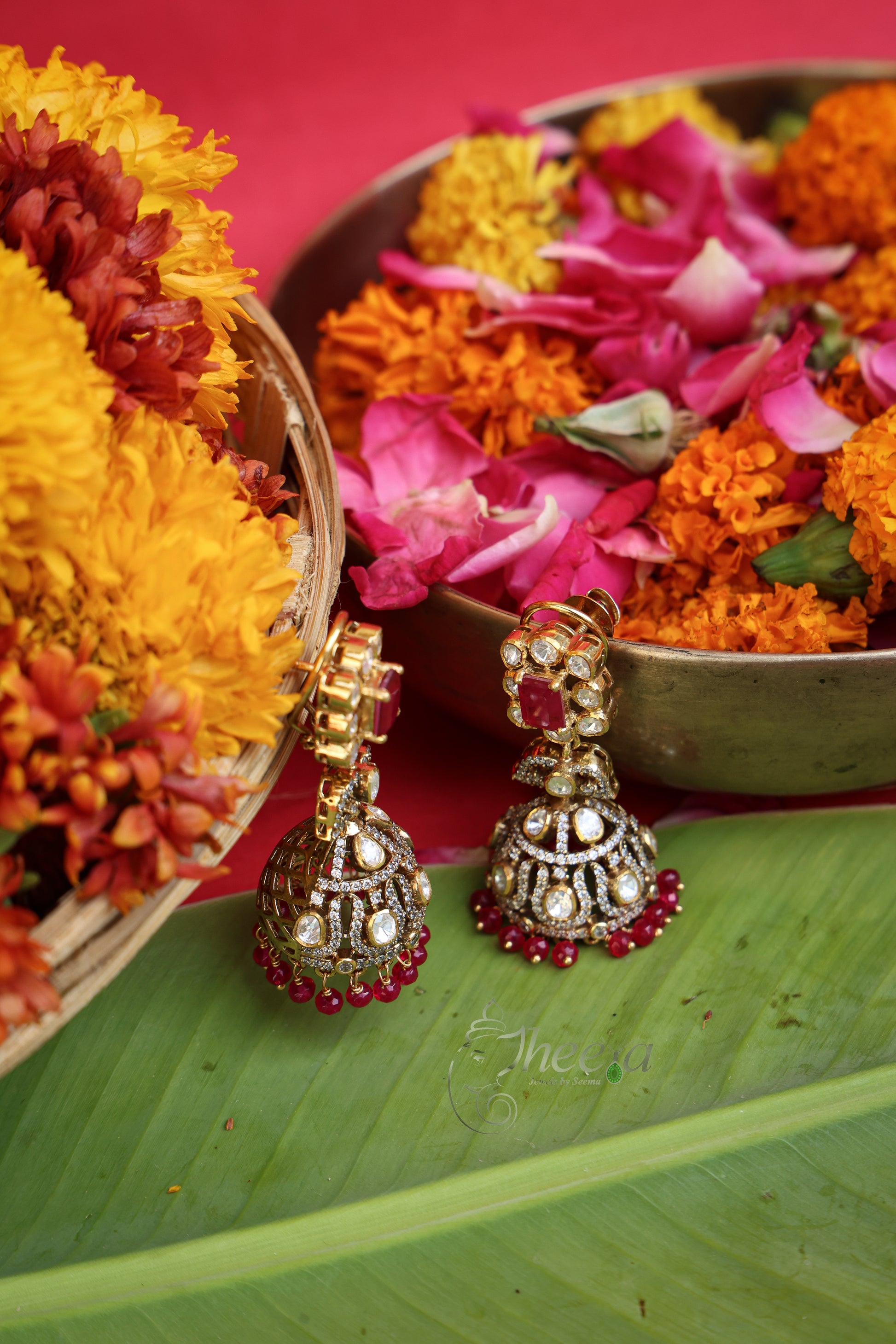 Begum Jhumkas Red Square Design worn by a model showcasing scale and Earrings design.