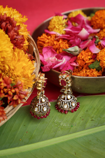 Begum Jhumkas Red Square Design worn by a model showcasing scale and Earrings design.