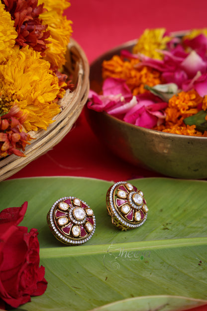 Kundan Petals Red Moissanite Studs in Pure Silver with ruby red accents, front view.