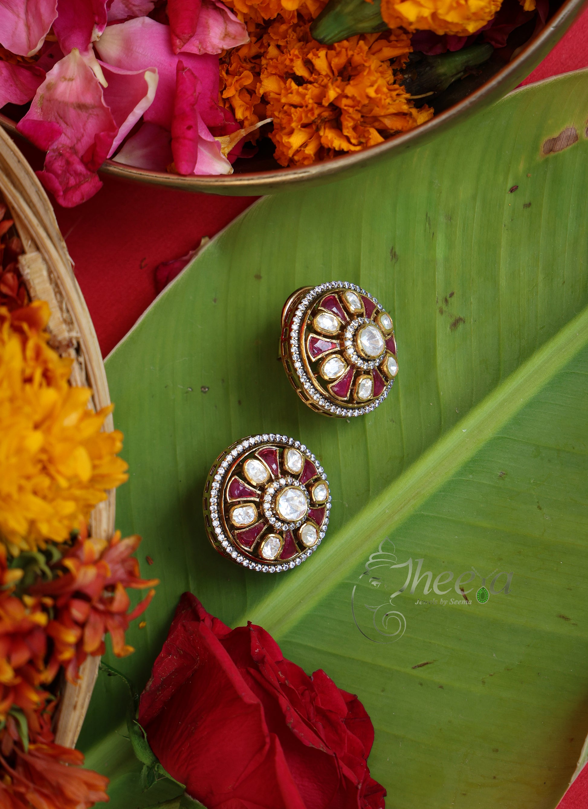 Kundan Petals Red Moissanite Studs worn by a model showcasing scale and Earrings design.
