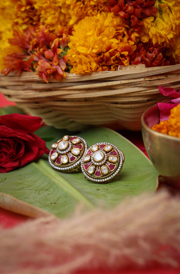 Close-up detailing of Kundan Petals Red Moissanite Studs highlighting Moissanite craftsmanship.