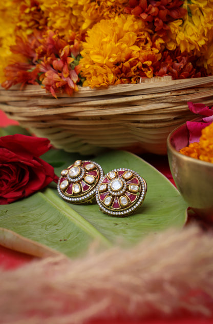 Close-up detailing of Kundan Petals Red Moissanite Studs highlighting Moissanite craftsmanship.