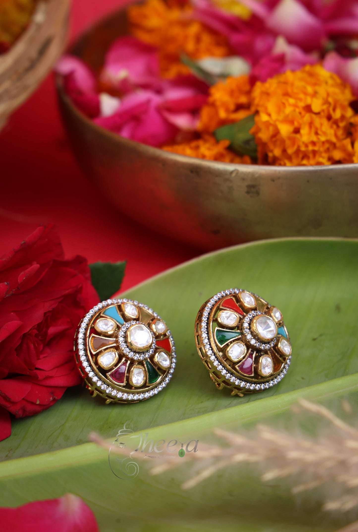Rangrez Studs Navratan Kundan Moissanite