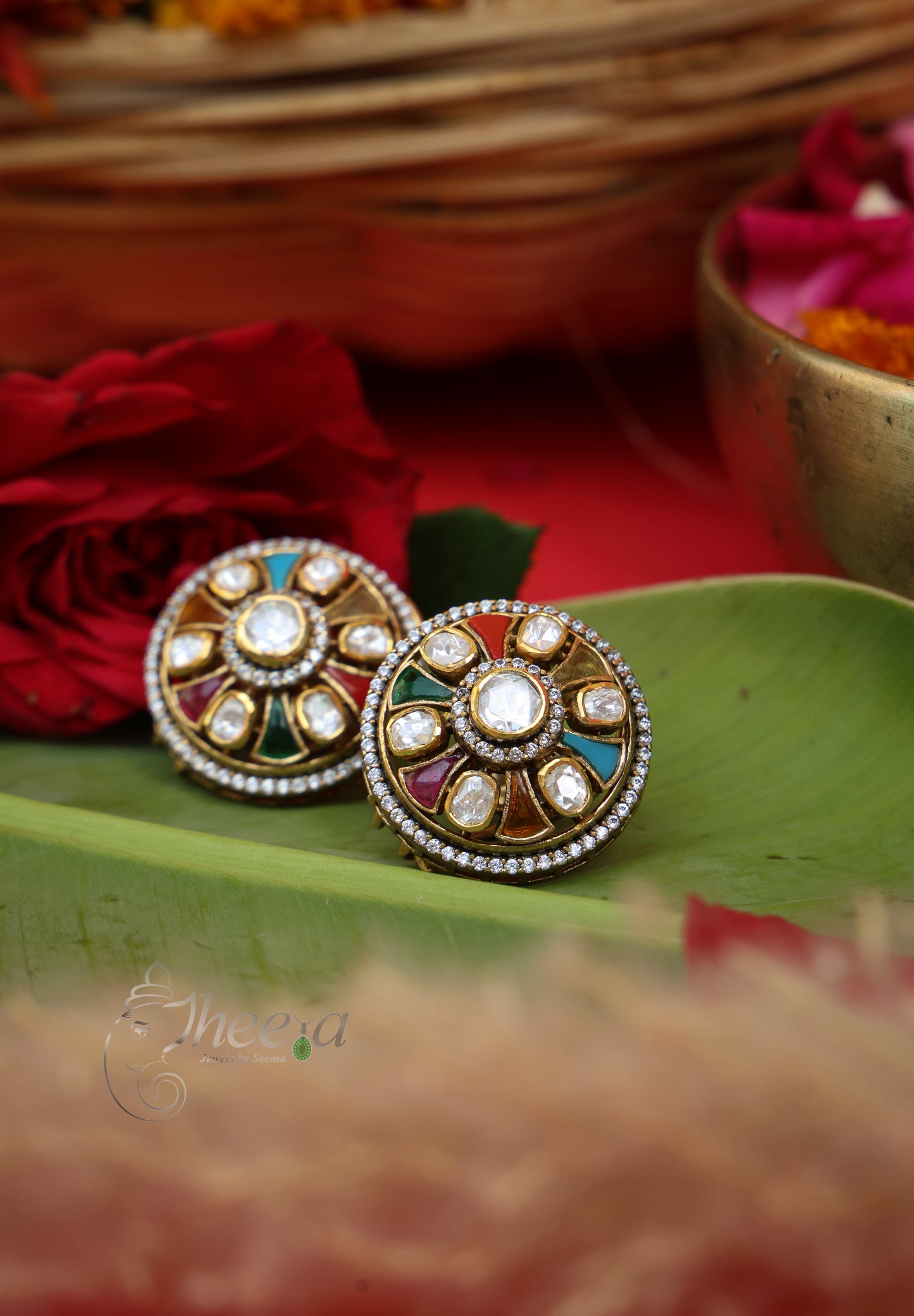 Rangrez Studs Navratan Kundan Moissanite