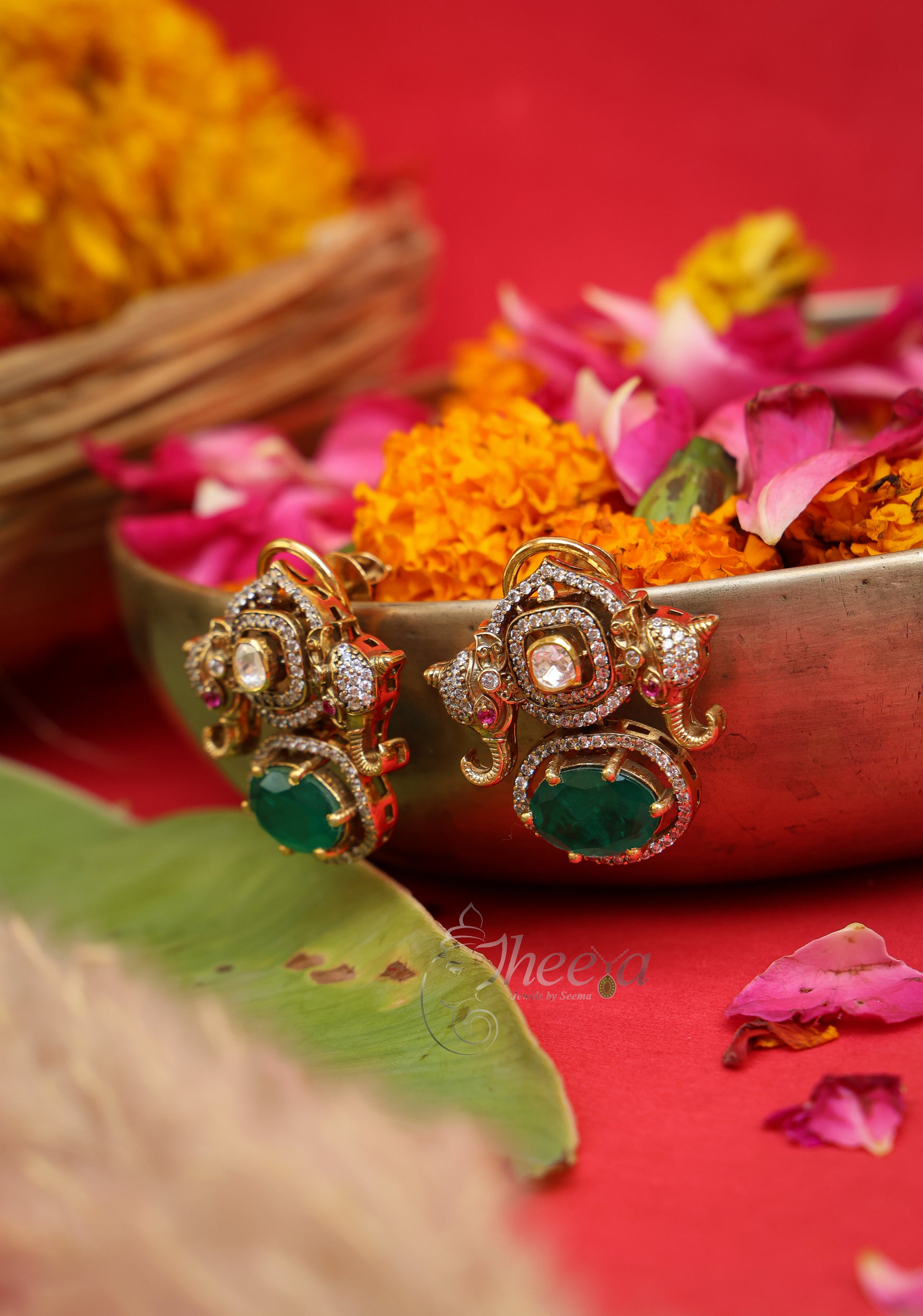 Close-up detailing of Mrigaya Green Elephant Moissanite Studs highlighting Moissanite craftsmanship.