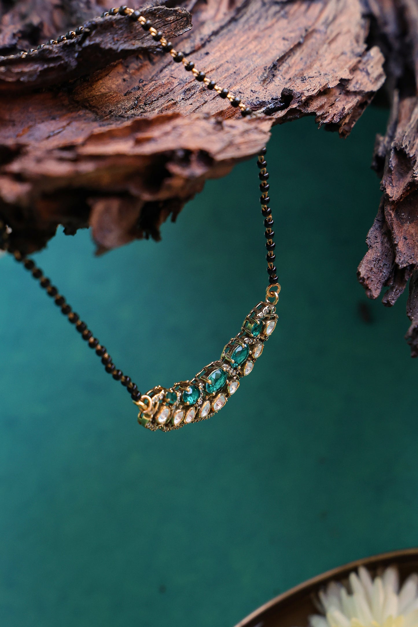 Green and moissanite Pendant with black beads