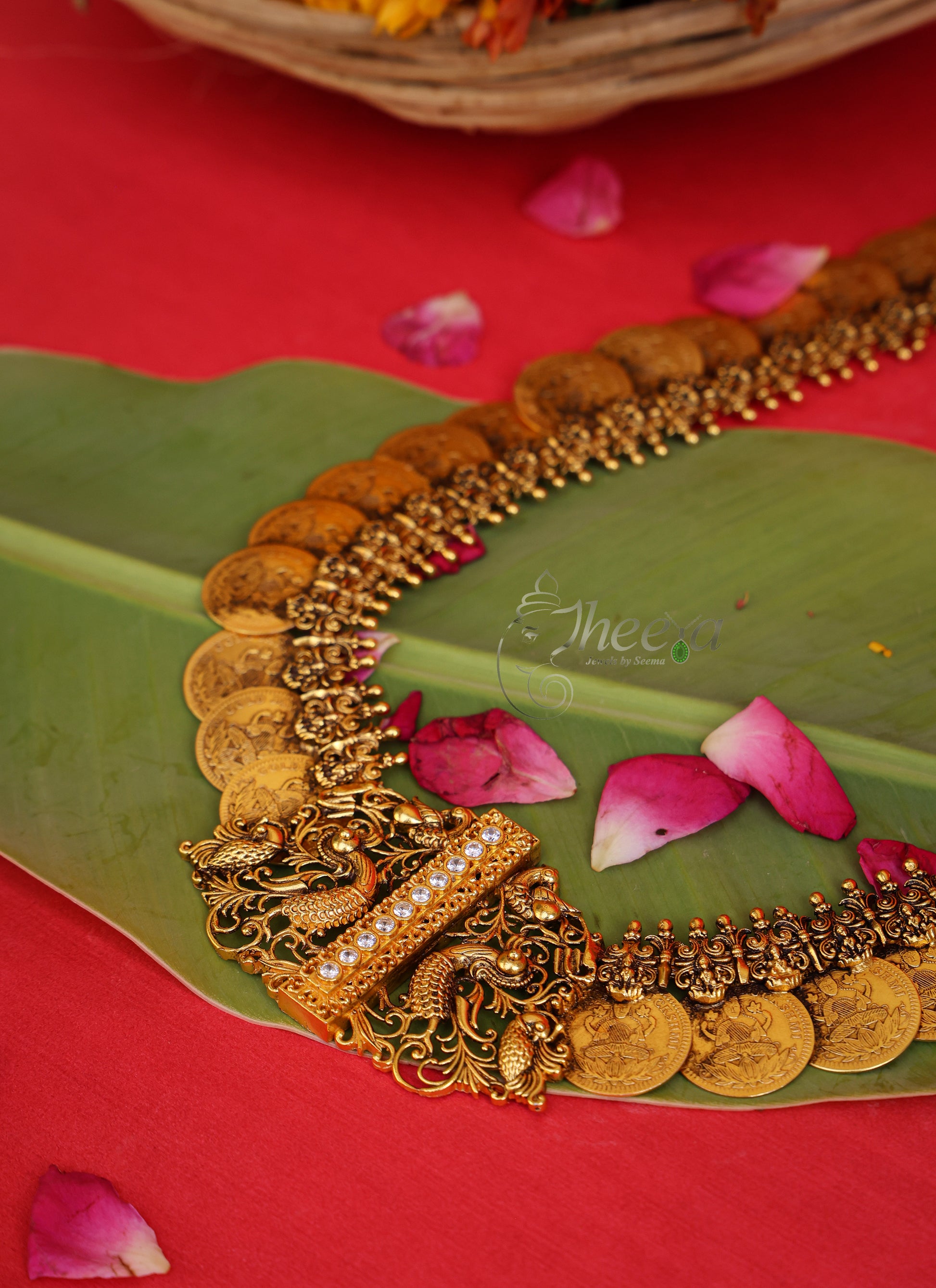 Temple Vilasam Long Kaasu Mala worn by a model showcasing scale and Necklace design.