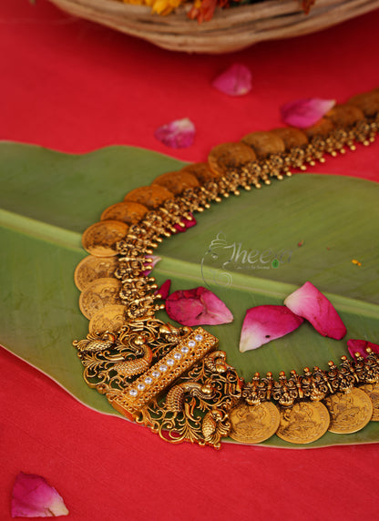 Temple Vilasam Long Kaasu Mala worn by a model showcasing scale and Necklace design.