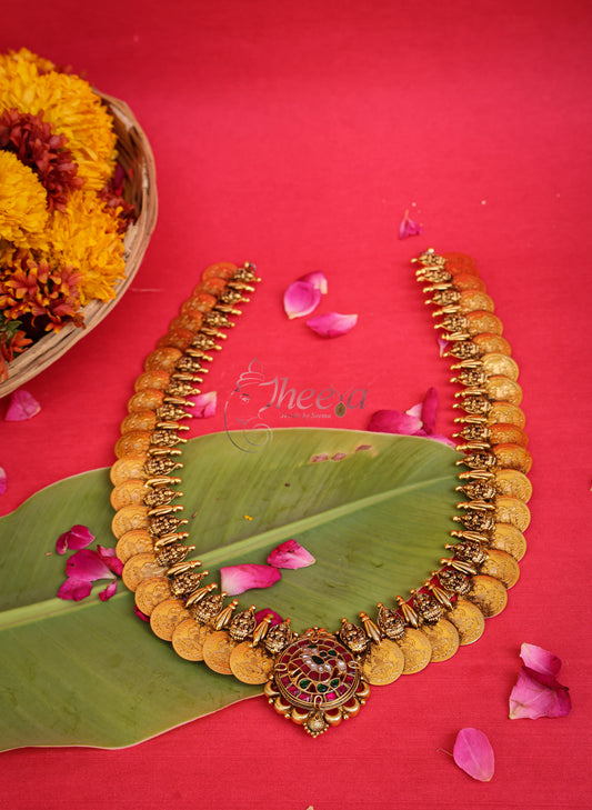 Temple Vilasam Long Kaasu Mala in Pure Silver, front view.