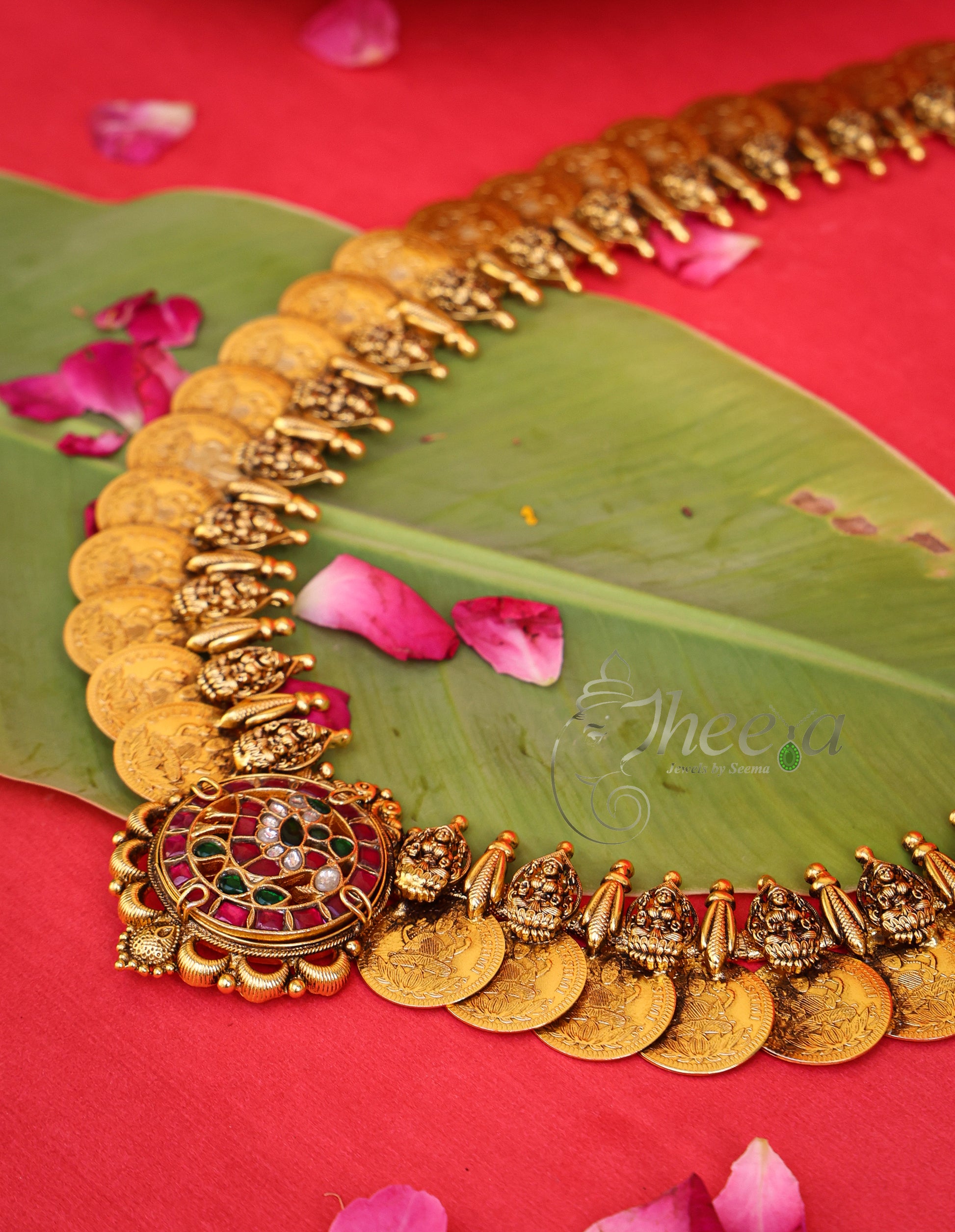 Temple Vilasam Long Kaasu Mala worn by a model showcasing scale and Necklace design.