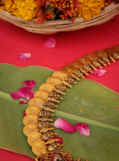 Temple Vilasam Long Kaasu Mala worn by a model showcasing scale and Necklace design.
