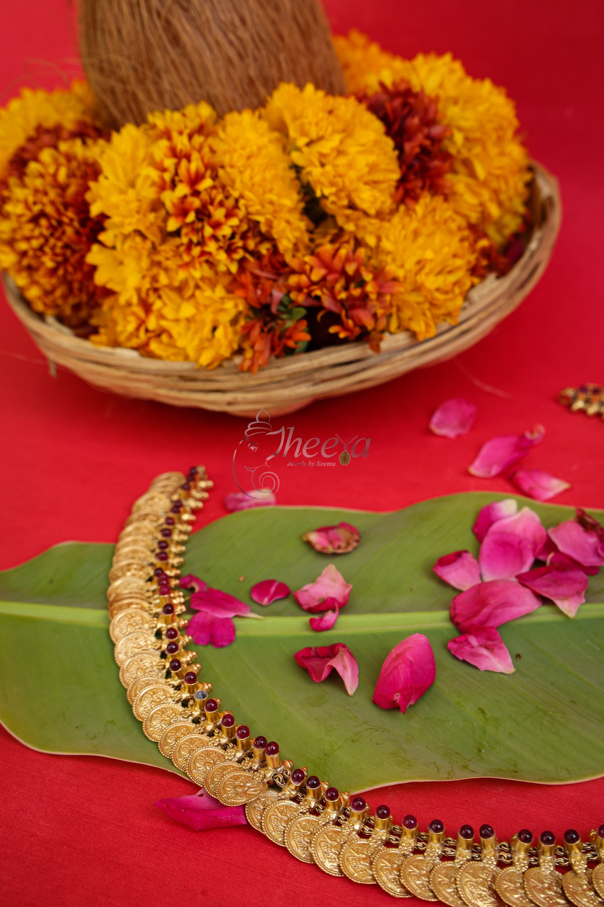 Mahalakshmi Haram Kaasu Mala worn by a model showcasing scale and Necklace design.