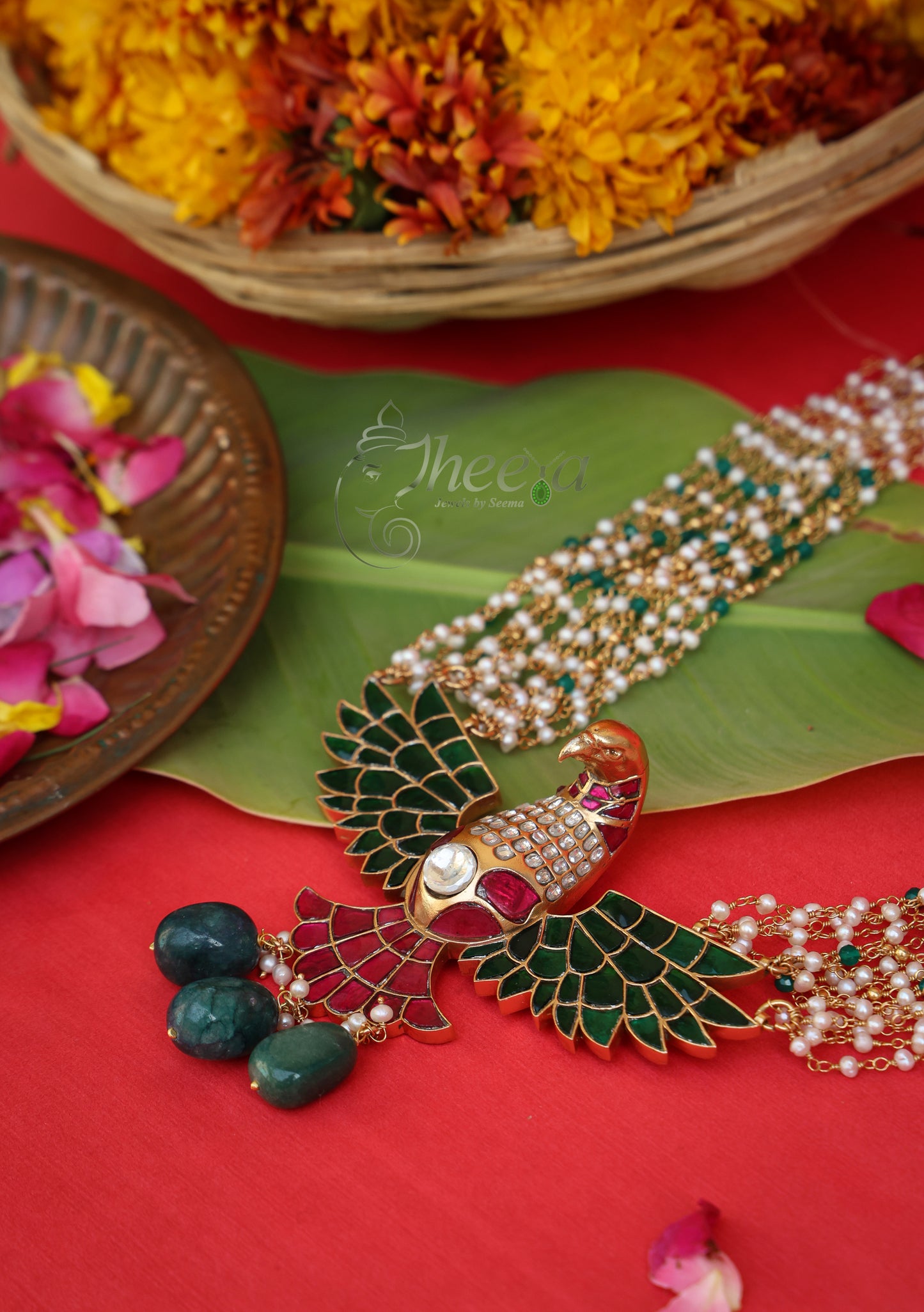 Close-up detailing of Rajputana Rani Garuda Necklace highlighting Antique Gold craftsmanship.