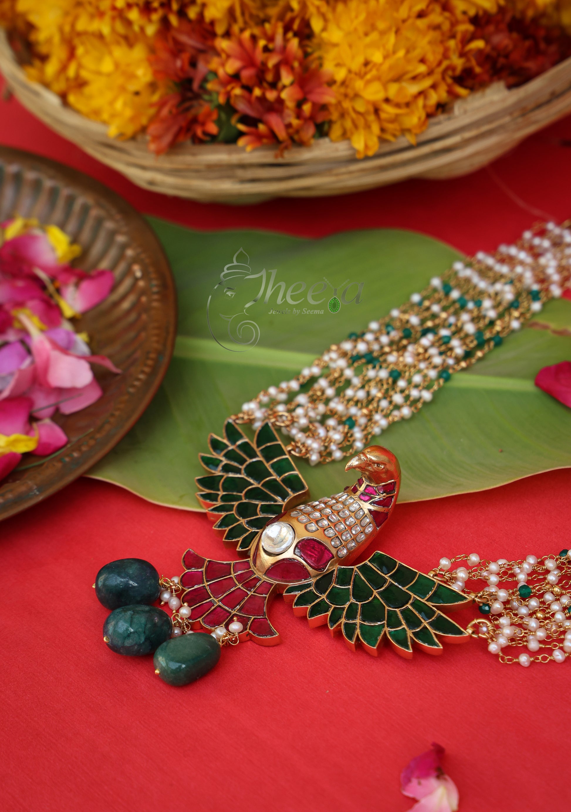 Close-up detailing of Rajputana Rani Garuda Necklace highlighting Antique Gold craftsmanship.