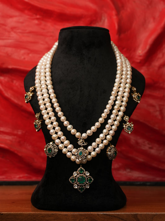 Thanjavur Temple Pearl Set worn by a model showcasing scale and Necklace design.