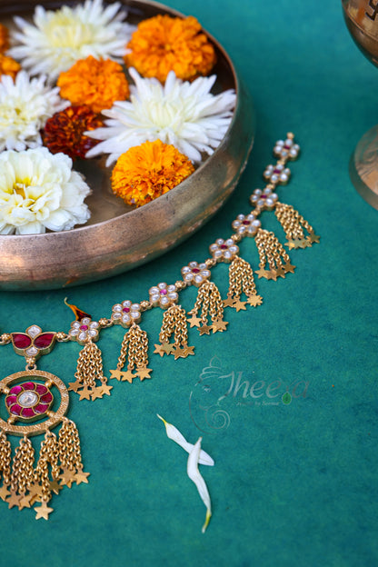 red and white kundan necklace set with bird earrings