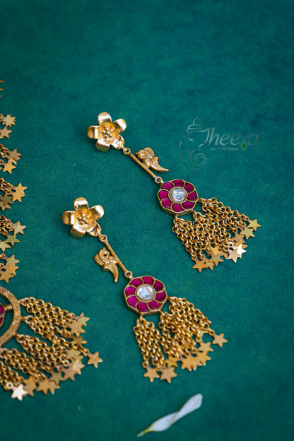 red and white kundan necklace set with bird earrings