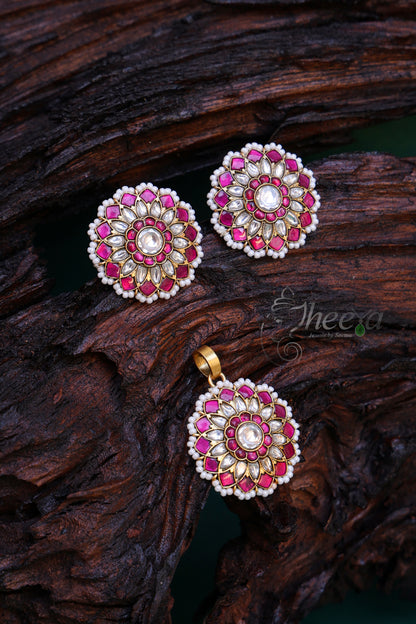 Pink Kundan and pearl pendant set