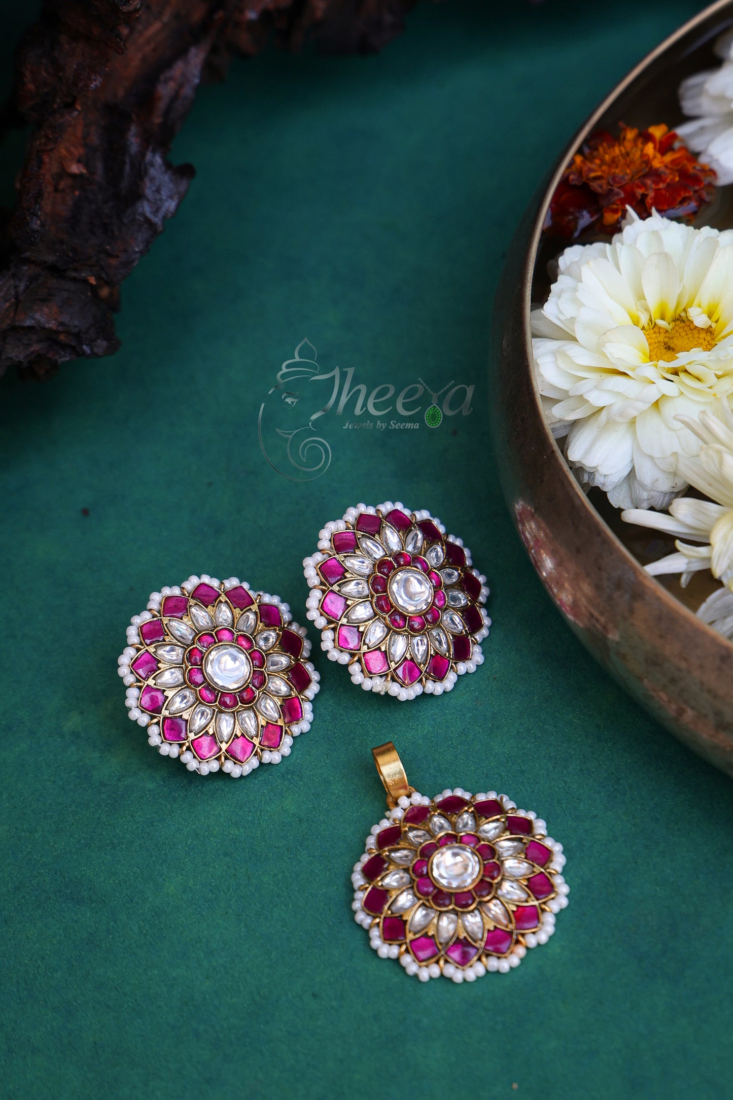 Pink Kundan and pearl pendant set