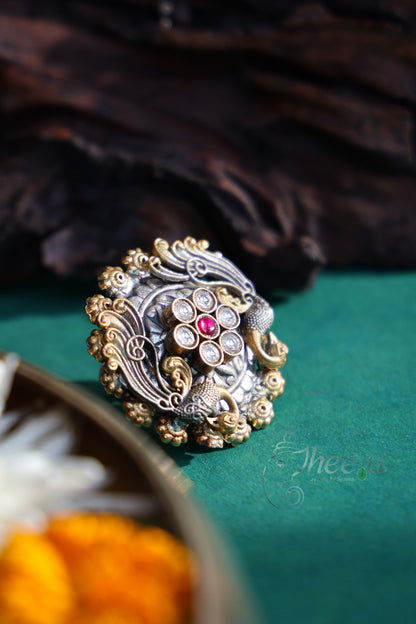 Twin Peacock Kundan Ring