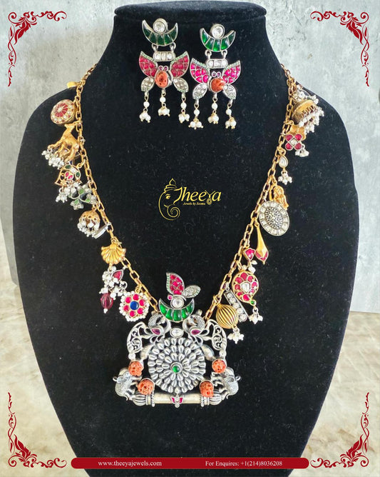 Charm Necklace set with Green half moon earrings