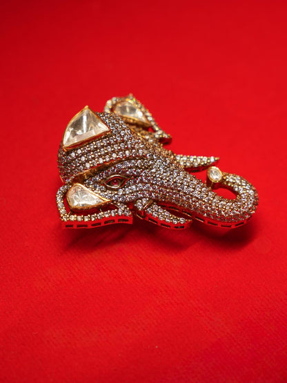 Qila Elephant Moissanite Brooch in Pure Silver, front view.