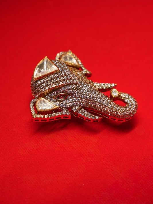Qila Elephant Moissanite Brooch in Pure Silver, front view.