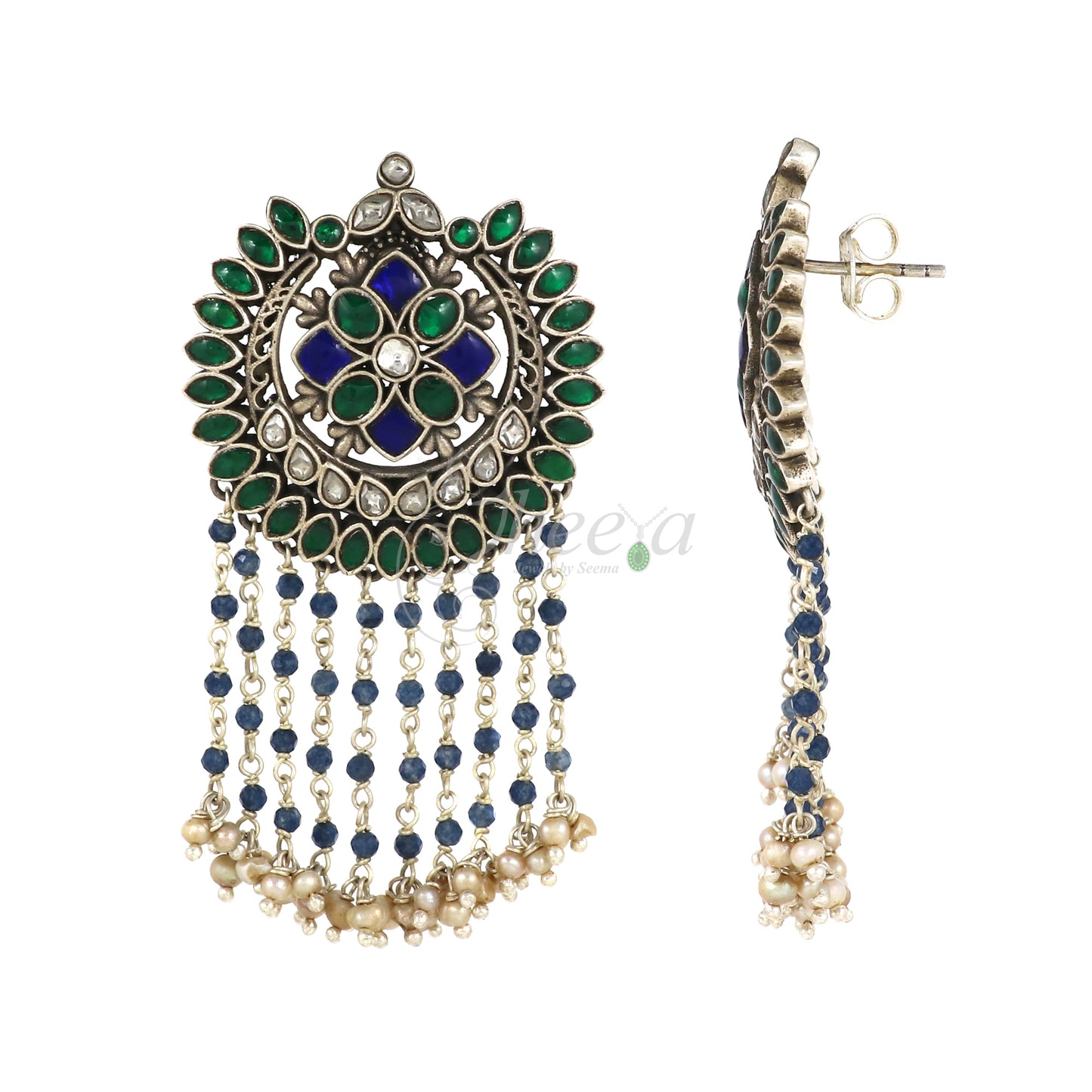 Peacock Colour Kundan with Rain Drop Pearl Earring image 2