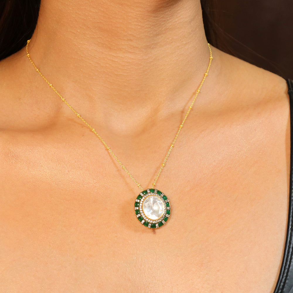 Big Moissanite with Green Kundan Set image 1