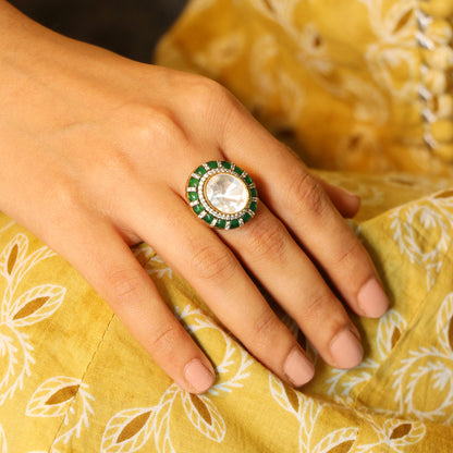 Big Moissanite with Green Kundan Ring image 1