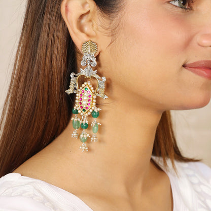 Long Dangling Kundan with Green Beads Earrings image 0