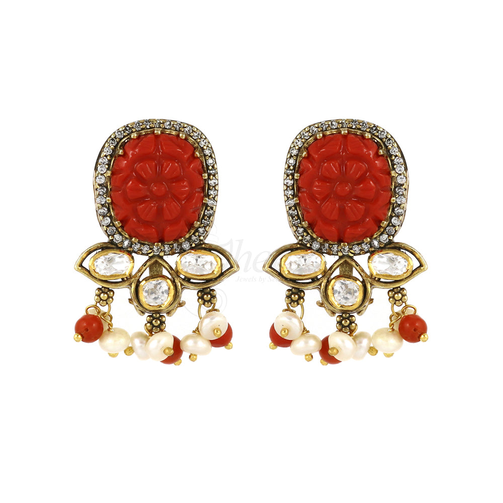 Coral Carved Moissanite Pendant set image 1