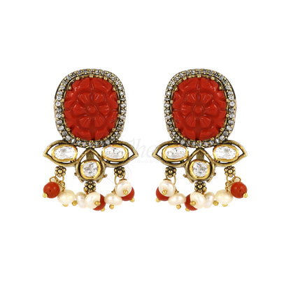 Coral Carved Moissanite Pendant set image 1