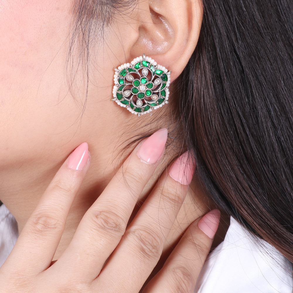 Green Kundan with Pearls Studs image 1