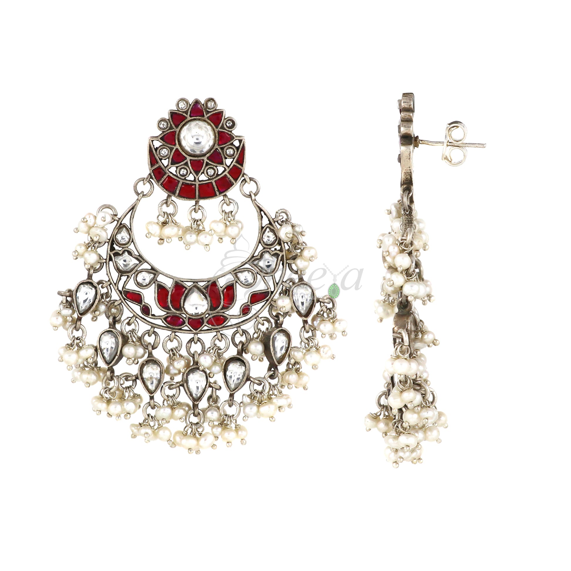 White and Red Lotus with Pearls Earrings image 3