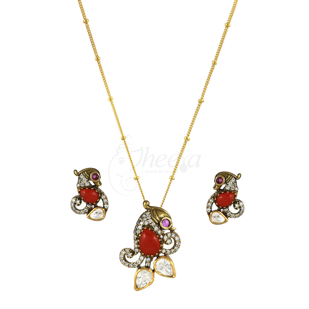 Coral with Moissanite Pendant Set image 3