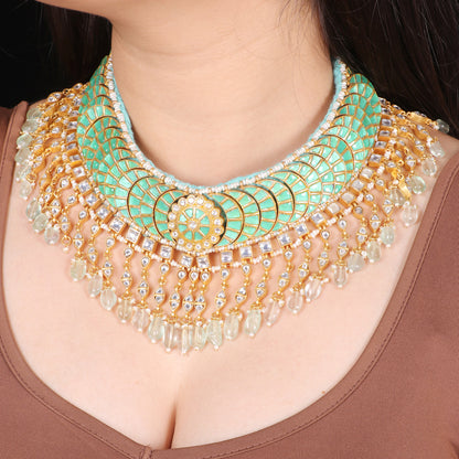 Royal Tussi Necklace with green kundans image 5