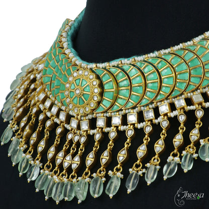 Royal Tussi Necklace with green kundans image 2