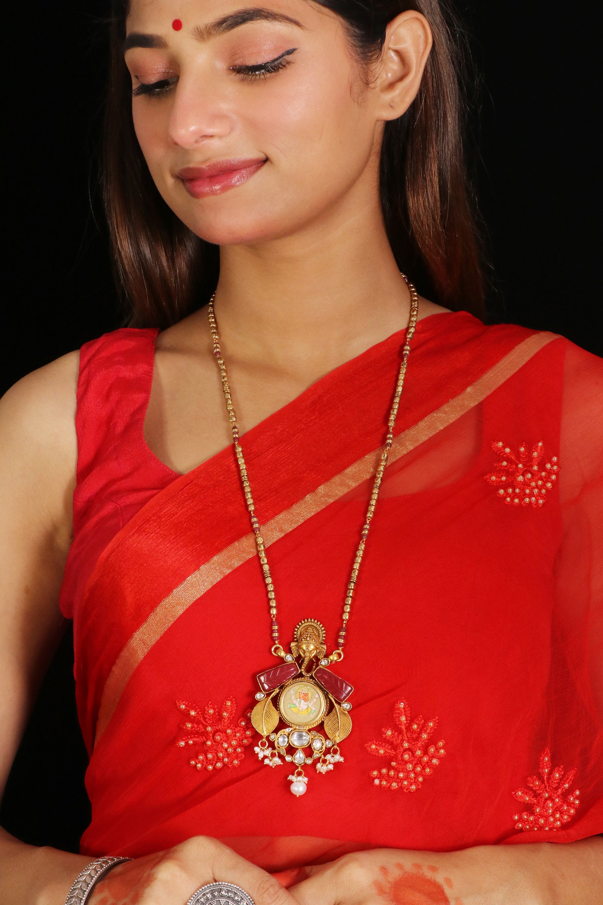 Riwaayat long Ganesha Pendant with red onyx image 0