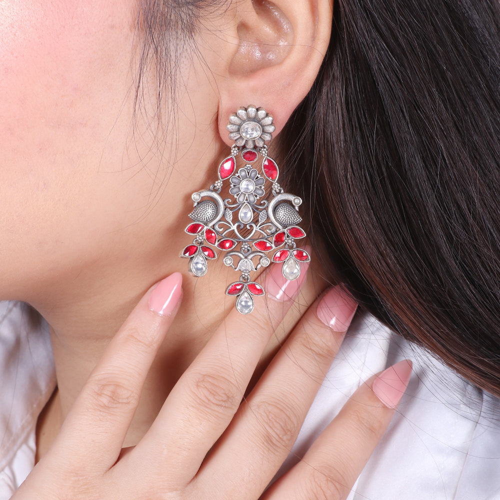 Red and White Kundan Peacock Dangling Earrings image 1