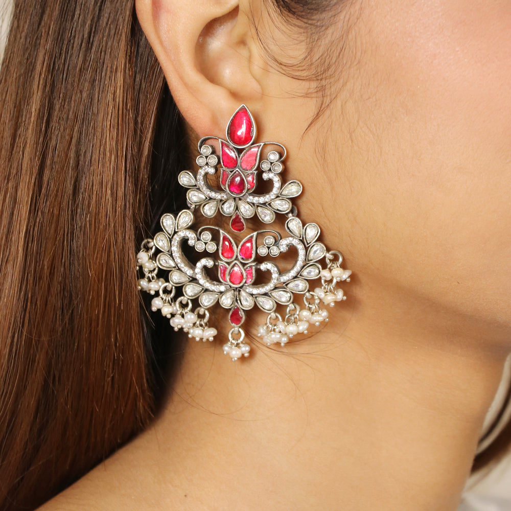 Red and White Kundan with CZ Earring image 0